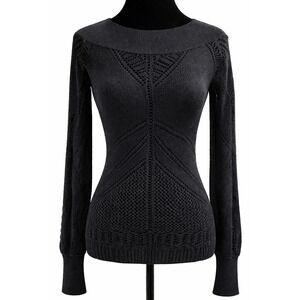 Cache Womens Pullover High Neck Sweater Size Large Black Open‎ Knit Long Sleeve